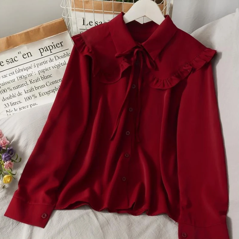 ผู้หญิงหวานเสื้อเสื้อน่ารัก Peter Pan COLLAR S-3XL หลวมแฟชั่น Temper Minimalist Lolita ภาษาฝรั่งเศสคํา Elegant เสื้อผ้าอินเทรนด์ 5 สี