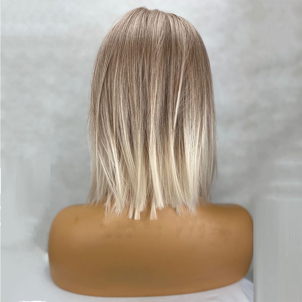 Hochwertige synthetische aschblonde weiße Balayage-Highlights-Bob-Perücke, 35,6 cm, gerader Mittelscheitel, 150 % Lace-Front-Perücke, hitzebeständig
