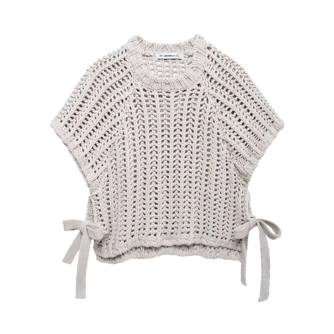 Jersey de punto calado para mujer, suéter informal con cuello redondo y lazo con cordones, prendas de punto lisas de manga corta para otoño para mujer