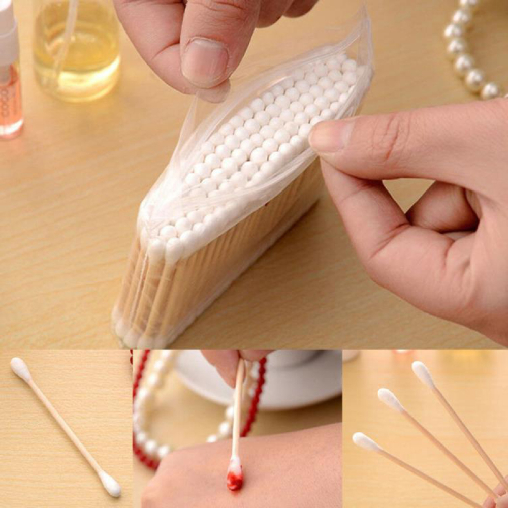 300/500/1000 Uds hisopo de algodón de doble cabeza palos de madera médicos aplicador de limpieza de orejas de nariz microcepillo belleza bastoncillos de algodón herramienta de maquillaje