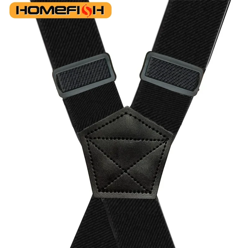 Suspensórios de trabalho resistentes para homens, 3.8cm de largura, x-back com 3 fechos de pinça de plástico, calças elásticas ajustáveis, suspensórios-preto