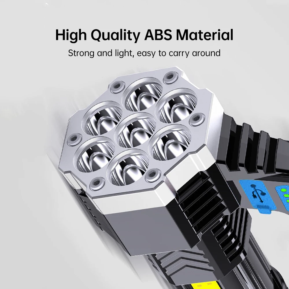 Linterna LED de alta potencia, potente linterna recargable por USB, lámpara portátil de mano para exteriores, batería integrada COB, 7 linternas LED