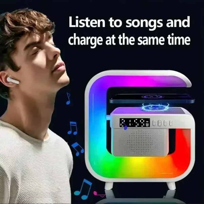 Atmosfera multifunzionale Orologio da tavolo RGB Luce notturna Caricatore wireless Altoparlanti Bluetooth per iPhone Samung Xiaomi Ricarica rapida