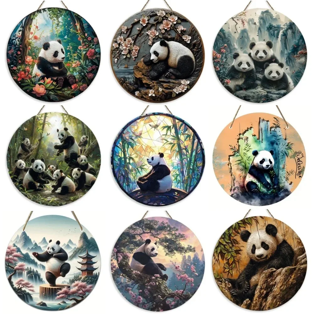Tanda kayu bulat seni kreatif Panda lucu, dekorasi dinding Vintage, cocok untuk dekorasi rumah restoran garasi kafe Taman