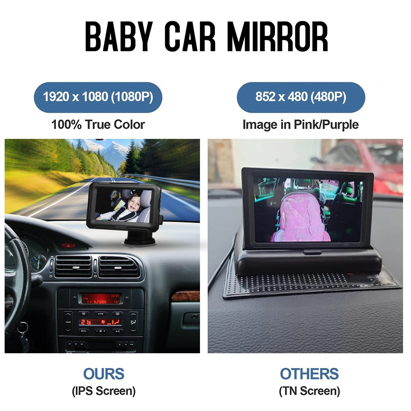 Monitor de visão traseira ajustável com tela IPS, espelho de carro do bebê, ângulo de visão larga ajustável para bebês, crianças, animais Night Vision Function, 4,3"
