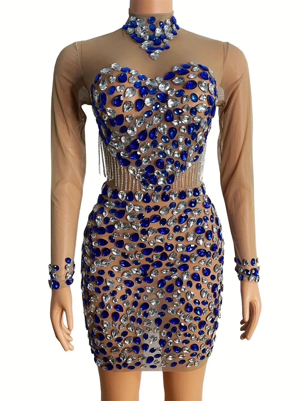 Glamouröses Hot Diamond Mesh-Kleid für Geburtstagsfeiern und Bühnenaufführungen mit hohlem, schlankem, kurzem Rock, sexy Outfit, sexy Kleider
