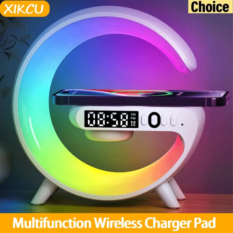 Supporto per caricabatterie wireless multifunzione Bluetooth Audio RGB Luce notturna Stazione di ricarica rapida da 15 W per iPhone Samsung Xiaomi Huawei