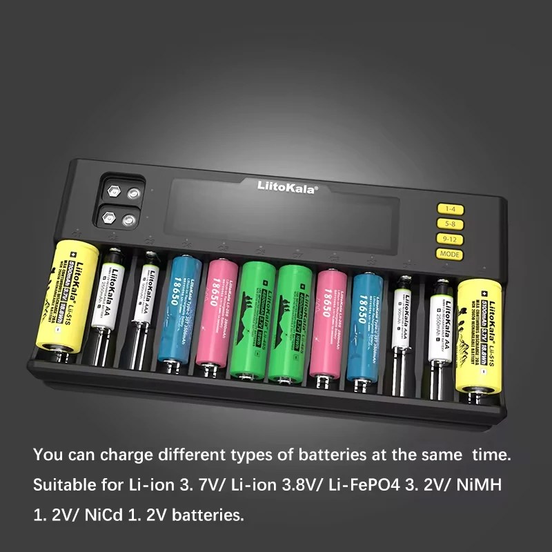 LiitoKala LiI-S12 slimme oplader 14 slots - CE-gecertificeerde universele oplader voor Li-ion/LiFePO4/Ni-MH/9V-batterijen 18650, 26650, AA