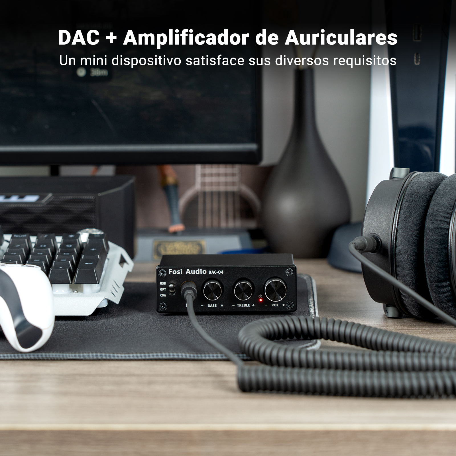 Fosi Audio Q4 Mini estéreo USB Gaming DAC y amplificador de auriculares Adaptador convertidor de Audio para el hogar/escritorio alimentado/altavoces activos