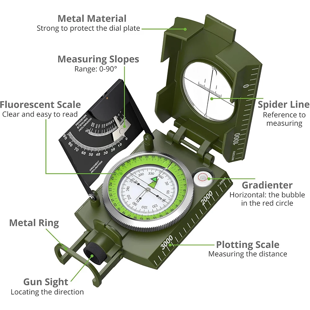 Brújula militar multifuncional de supervivencia al aire libre de alta precisión para acampar, Metal resistente al agua con brújula geológica fluorescente