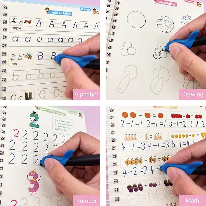 4 Books Reusable Copybook for Children Montessori Pen Control Training Writing Drawing Learning Educational Kids, Random Style