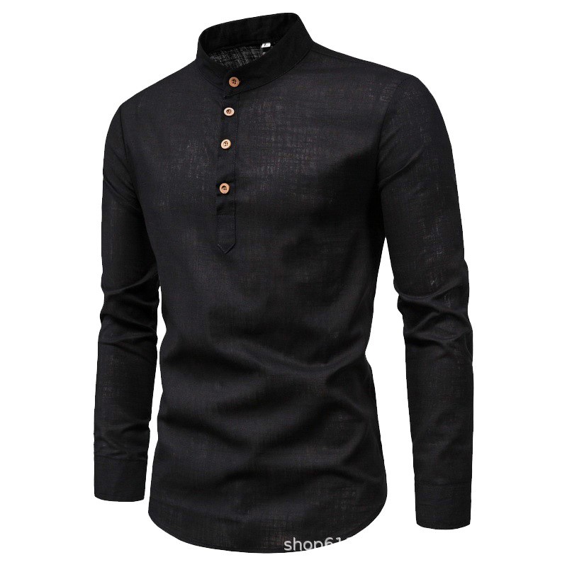 Men's solid color casual slim fitting standing collar long sleeved business shirt shirt