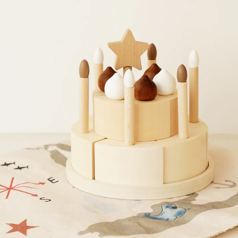 Modelo de pastel de cumpleaños de madera, herramientas de juego para niños, decoraciones para el hogar, juguetes hechos a mano de inteligencia para bebés