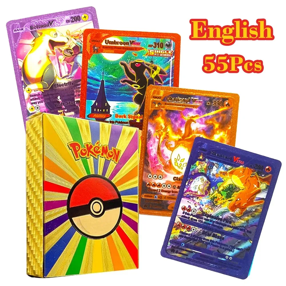 55PCS Pokemon สีสันทองฟอยล์การ์ด Charizard Pikachu Arceus เพชรสายรุ้งภาษาอังกฤษฝรั่งเศสคําเยอรมันสเปน VSTAR GX การ์ด VMAX