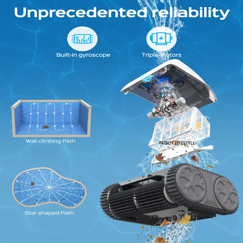 Robot aspirador inalámbrico para piscina, batería de litio recargable, 8600mAh, planificación de ruta, autoretención inversa automática