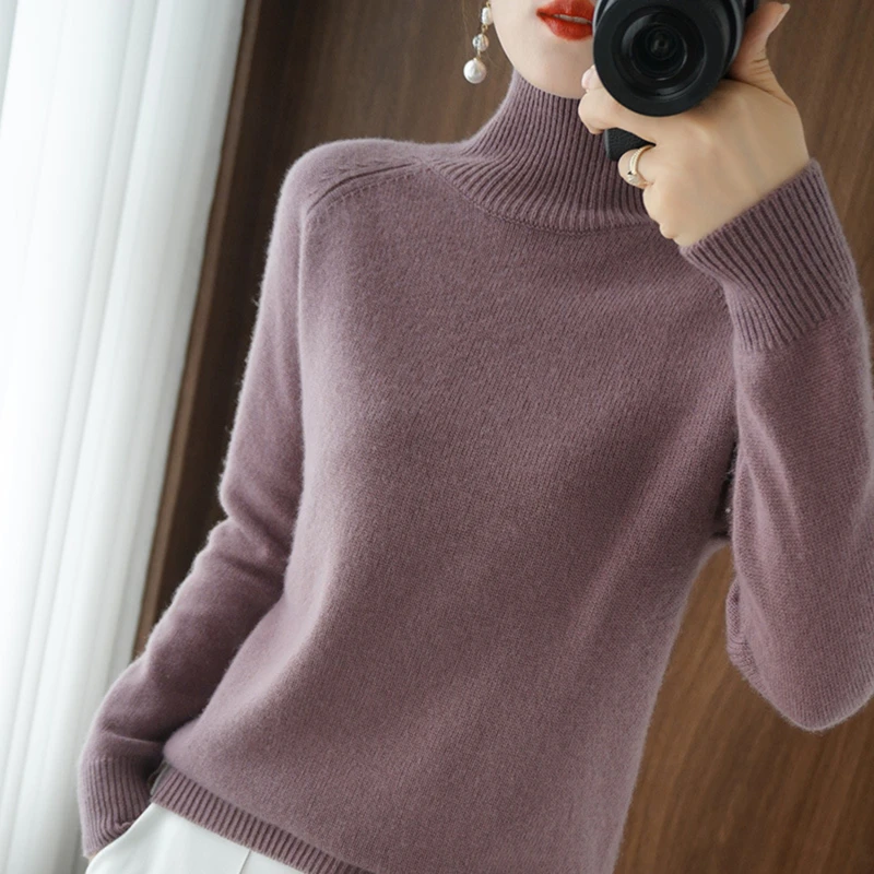 Frauen Herbst Winter Roll kragen pullover elegante schlanke feste gerippte gestrickte Kaschmir pullover weibliche Langarm Pullover Strickwaren