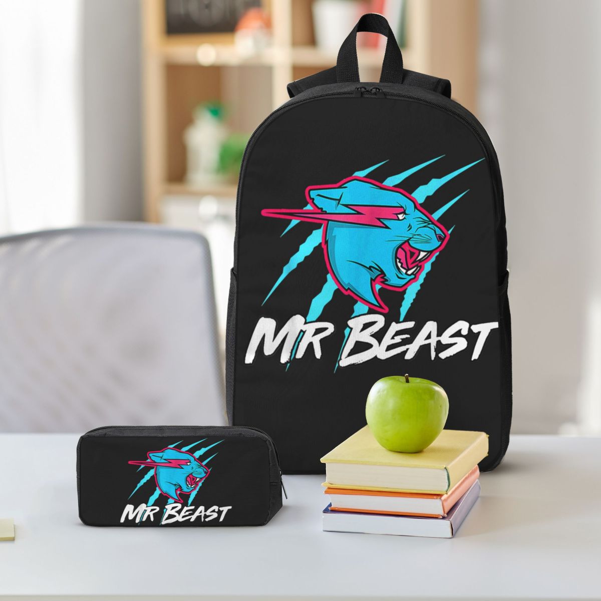 Mr Beasts Schultaschen-Set für Jungen und Mädchen, Gaming Beasts-Stil, Stifttaschen, Rucksack-Sets mit Lunchbox für Schüler, Rucksack