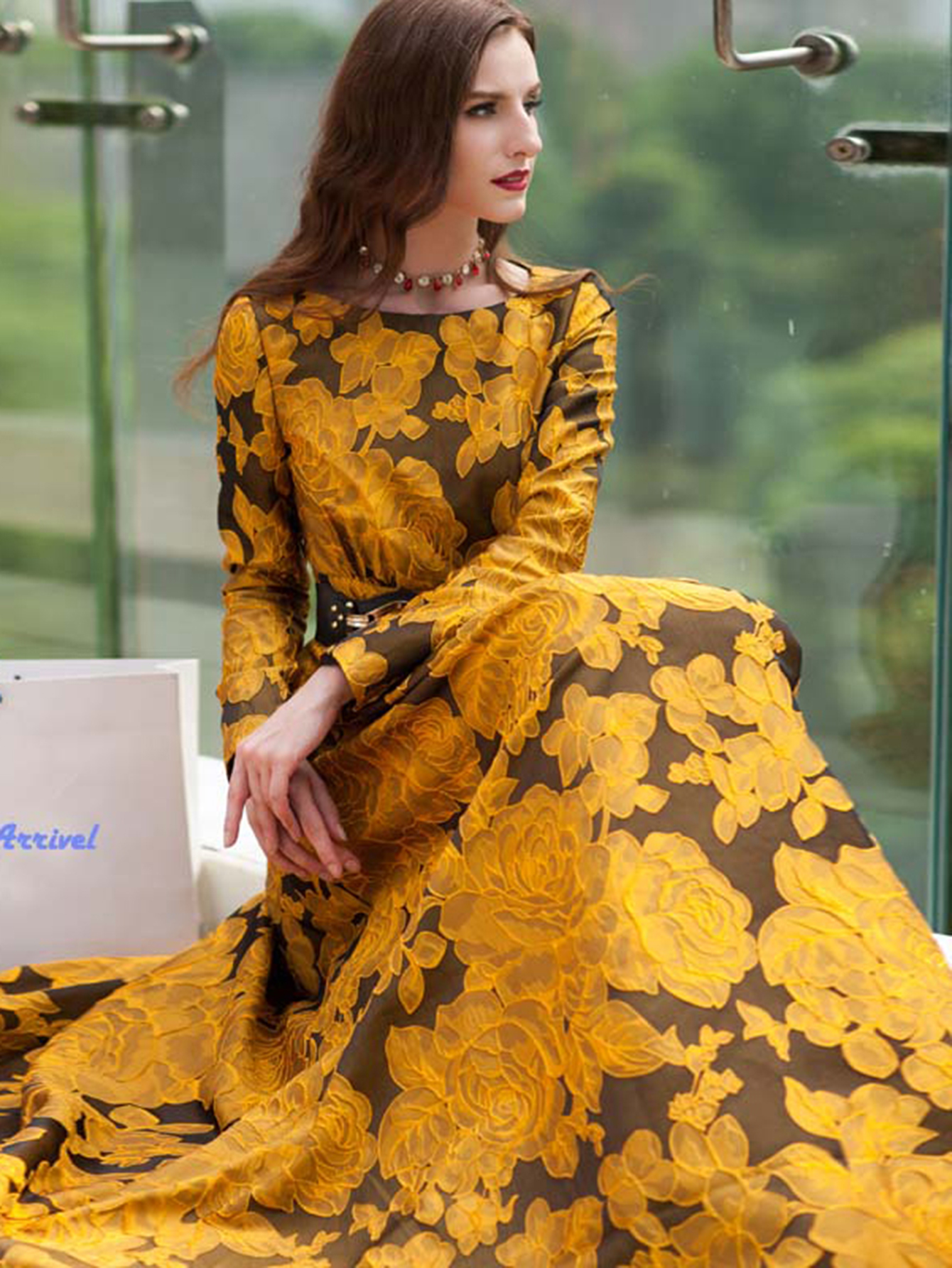 Elegante Vrouwen Gebloemde Lange Maxi-Jurk Jacquard Avondfeest Boho Herfst Winter Vintage Jurk Dames A-Lijn Gewaad