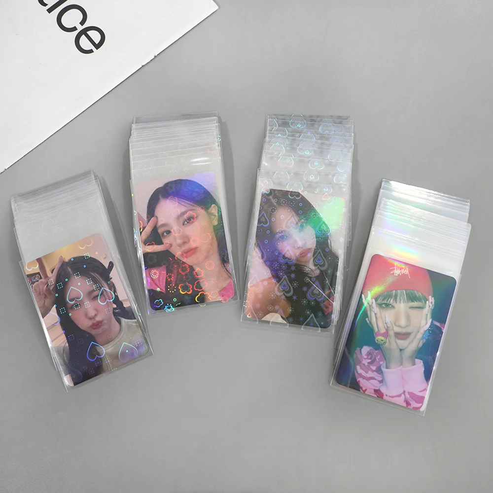 50 개/갑 INS 탑 로더 윤기 나는 러브 하트 포토 카드 슬리브 한국 아이돌 포토 카드 보호 커버 사진 카드 수호자