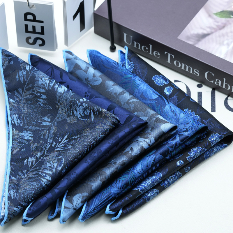 Men's Formal Handerchief Polyester Flower Dots Pocket Square Suit Shirt Accessories Chest Towel Elegant Navy Blue Hanky Cravat