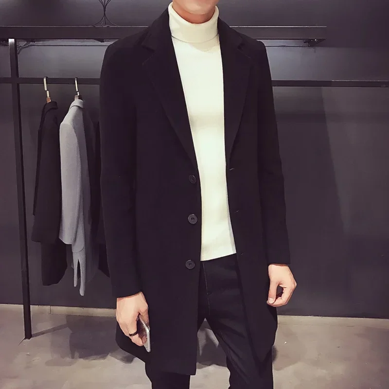 Abrigo largo de algodón para hombre, chaqueta cortavientos ajustada de mezcla de lana, Color puro, informal, moda de negocios, otoño e invierno, 2024