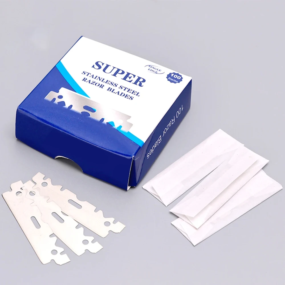 100pcs มีดโกนใบมีดสแตนเลสมีดโกนใบมีดสําหรับโกนหนวดมีดโกนเปลี่ยนเครื่องโกนหนวดชายตัดผมใบมีดเครื่องมือ