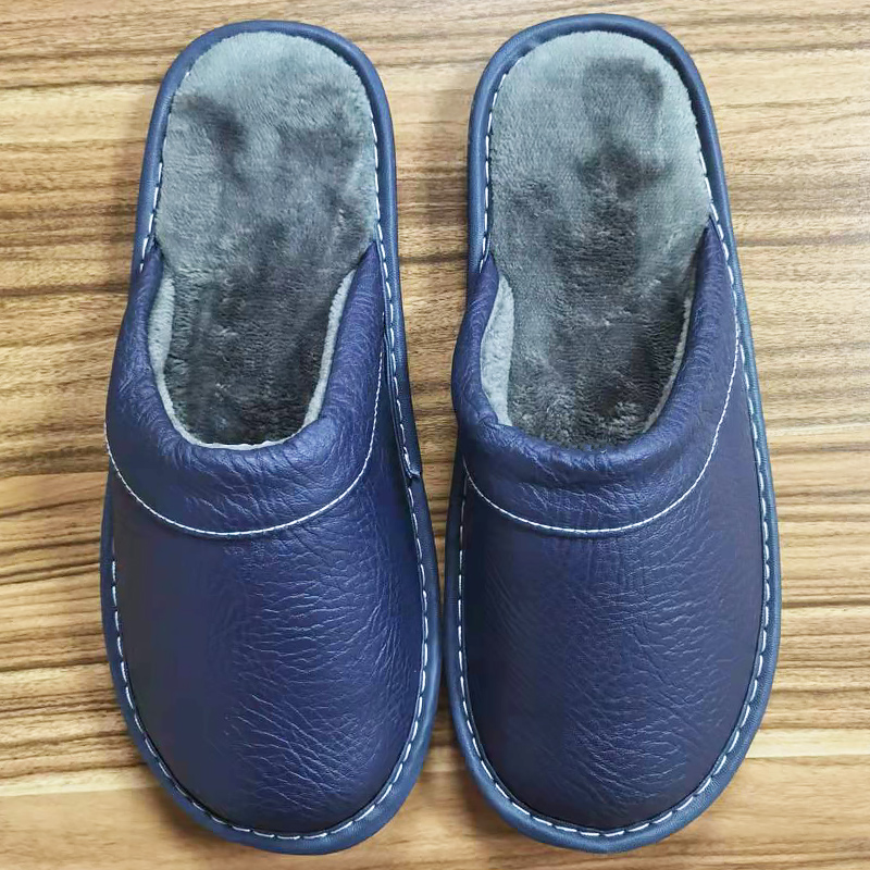 Herbst Winter Indoor Schuhe 47, 48, Herren Blau Schlafzimmer Hausschuhe Mann Prägnante Rutschen Kunstpelz Pantoletten Leder Hause Slipper Flip Fops