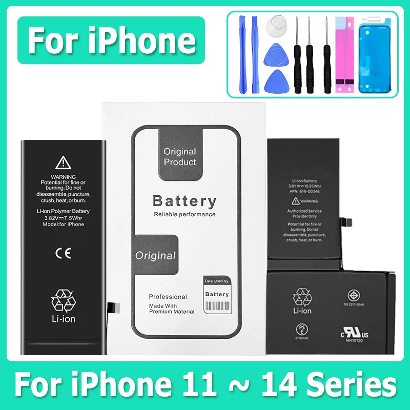 0-циклетный аккумулятор большой емкости для iPhone 11 11Pro 12Pro 12 13 14 13Pro 14Pro Max Mini Phone Bateria + бесплатный набор инструментов