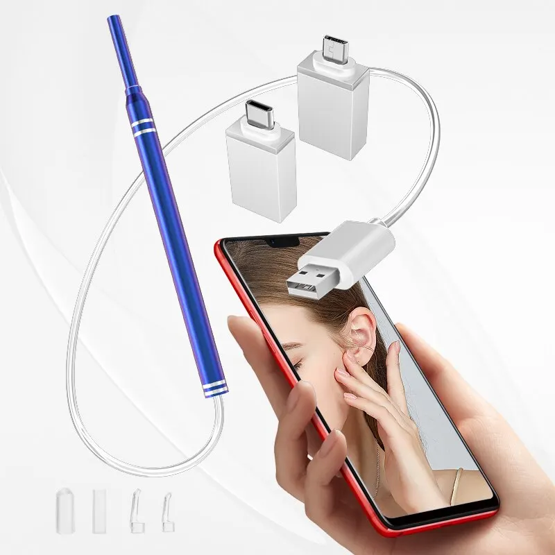 Removedor de cera inteligente endoscópio, limpador de ouvido, removedor de cera, Picker com 2 colheres, suporte Android, PC, tipo C, 3 em 1, 5,5mm