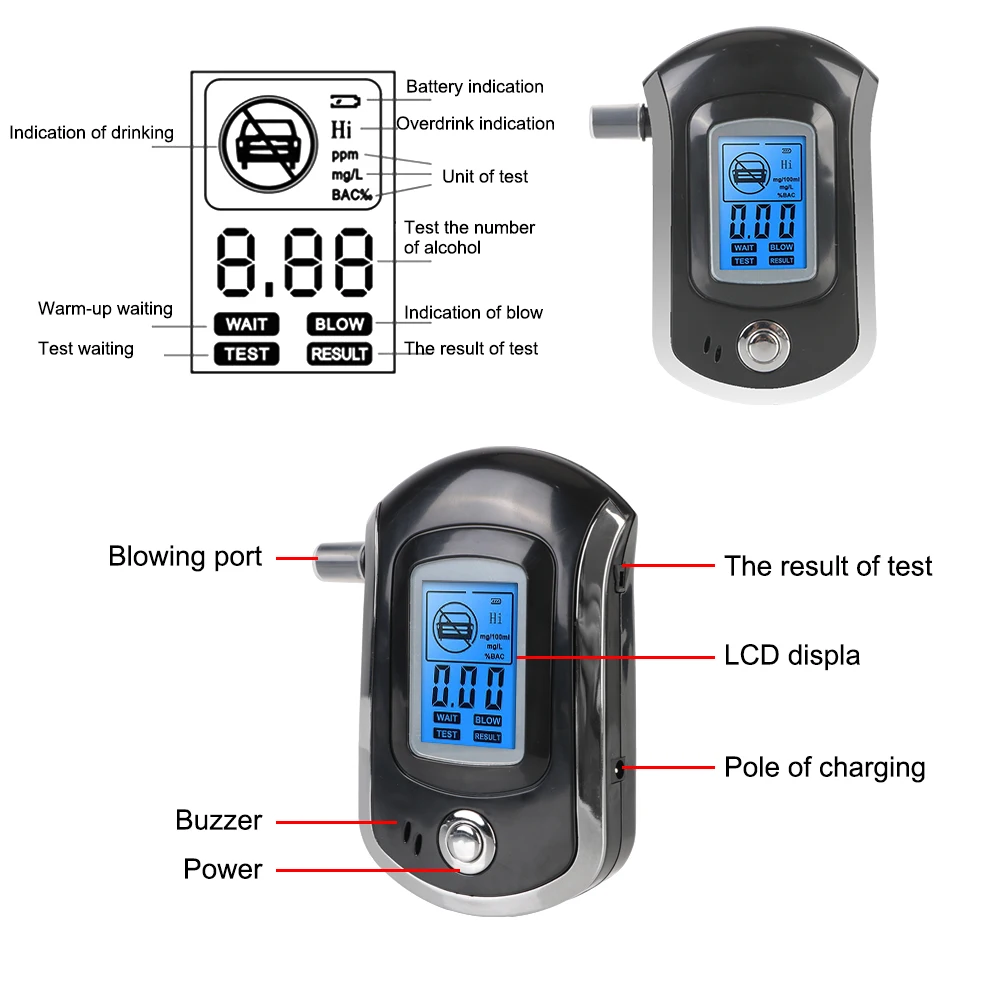 Mini AT6000 เครื่องทดสอบแอลกอฮอล์ในลมหายใจแบบดิจิตอลหน้าจอ LCD Breath Drunk Driving Analyzer Professional
