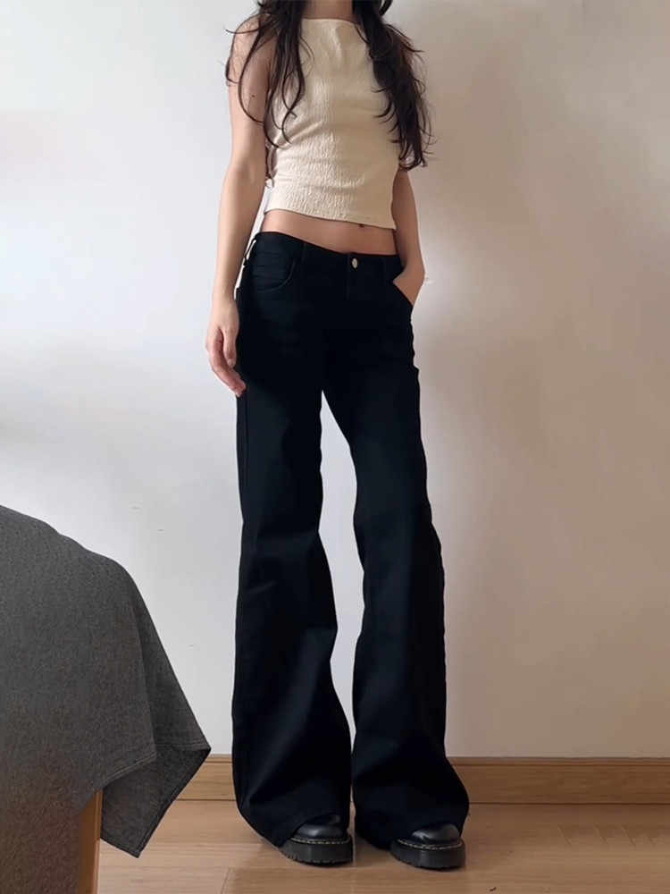 女性の低層フレアデニムパンツ、ベルボトムパンツ、kpop grungeスタイリッシュ、日本原宿、ブラックy2kジーンズ、2000s kpop