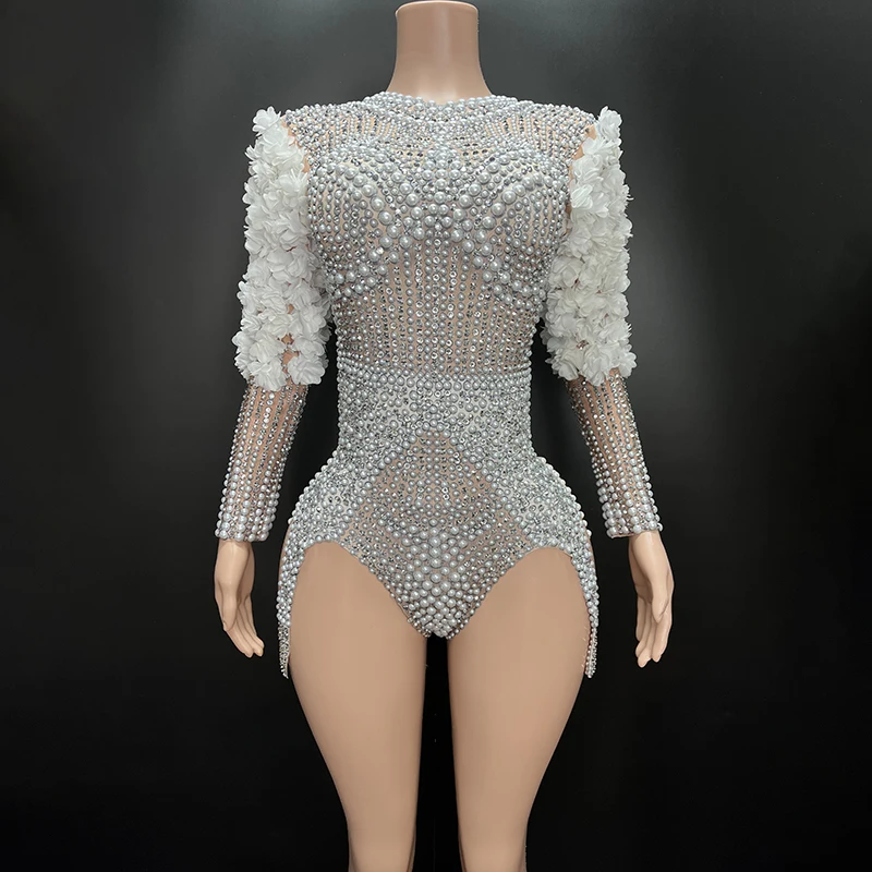 Body de lujo con perlas y diamantes de imitación, vestido de fiesta de cumpleaños, DJ, DS Bar, ropa elástica para cantante, 2024