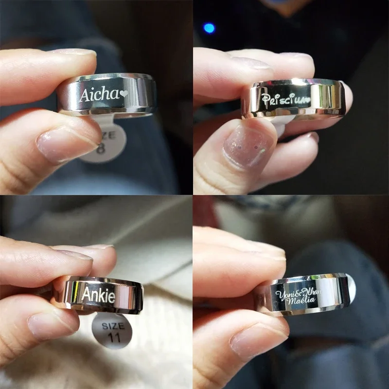 Anillos personalizados de acero inoxidable para hombre y mujer, con texto y logotipo grabado personalizado, para boda, Unisex, para hombre y mujer