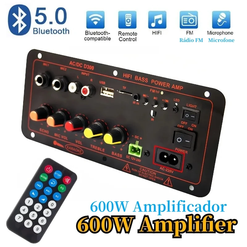 Placa amplificadora de áudio bluetooth 5.0, 600w, subwoofer d300, microfone duplo, módulo amplificador, 12v, 24v, 220v, reprodutor de mídia