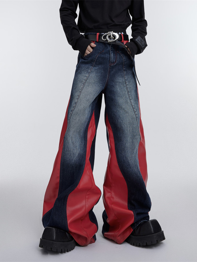 Ropa Y2K-ropa de calle para hombre, pantalones vaqueros holgados de retales de cuero Pu rojo, Ropa de diseñador, pantalones vaqueros holgados de pierna ancha Kanye, 2024