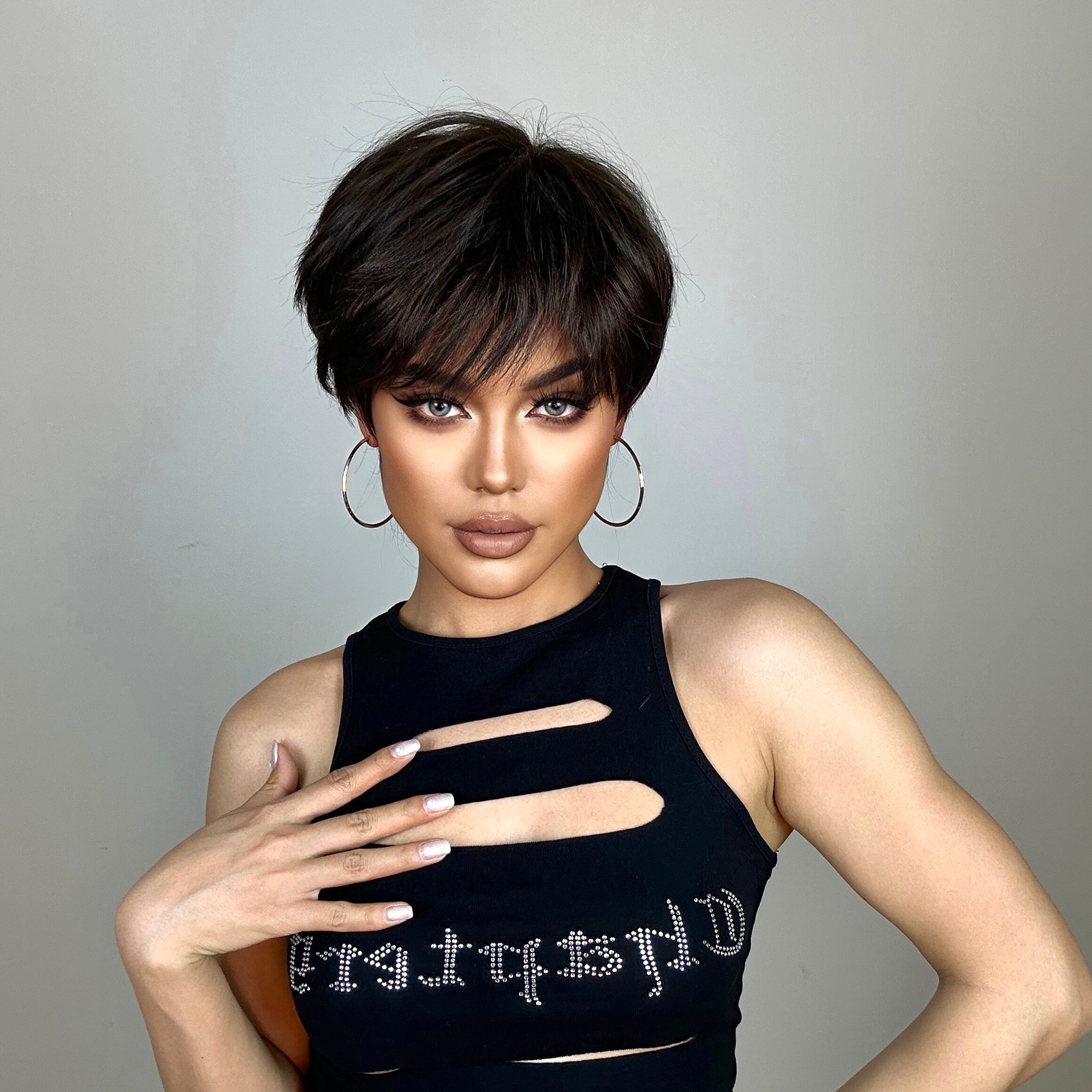 Pixie Cut Wigs for Women Natural Synthetic Short Black Layered Hair Wig with Fluffy Bangs Afro Daily Heat Resistant