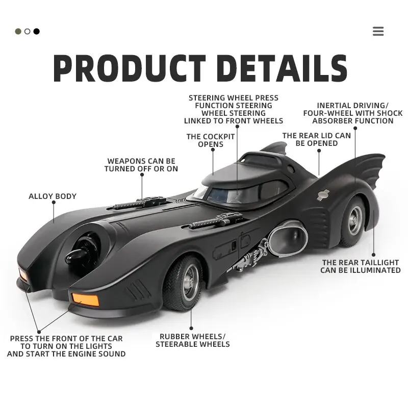 1:18 1989 Batmóvel Die-cast carro com Batman figura, brinquedos para crianças e adultos, preto