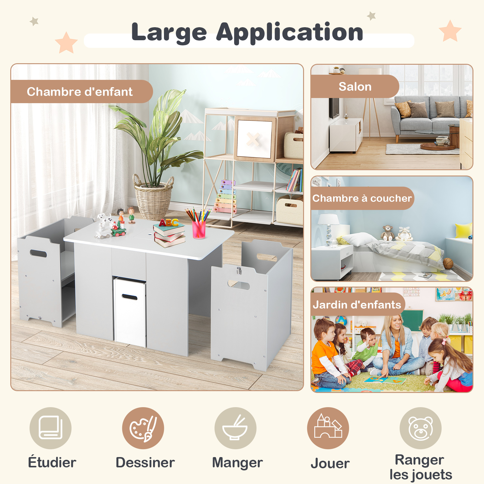 4 en 1 Table Enfants avec 2 Chaises, Table d'activités avec Banc de Rangement & Couvercle Amovible, Coins Arrondis et Boucle de Sécurité, Charge 90/30kg pour Enfants de 3 Ans+