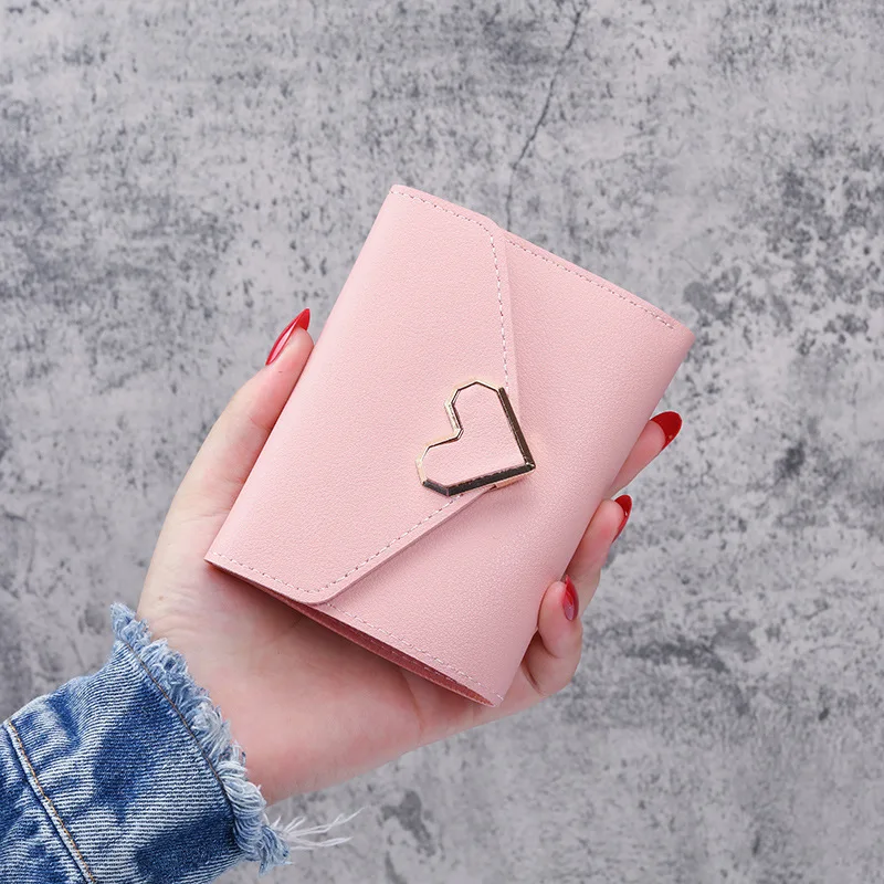 Women Heart Hasp Short Wallet Simple Multifunctional Folding Purse Card Holder Cute Fashion Clutch Bag Girls Money Bag