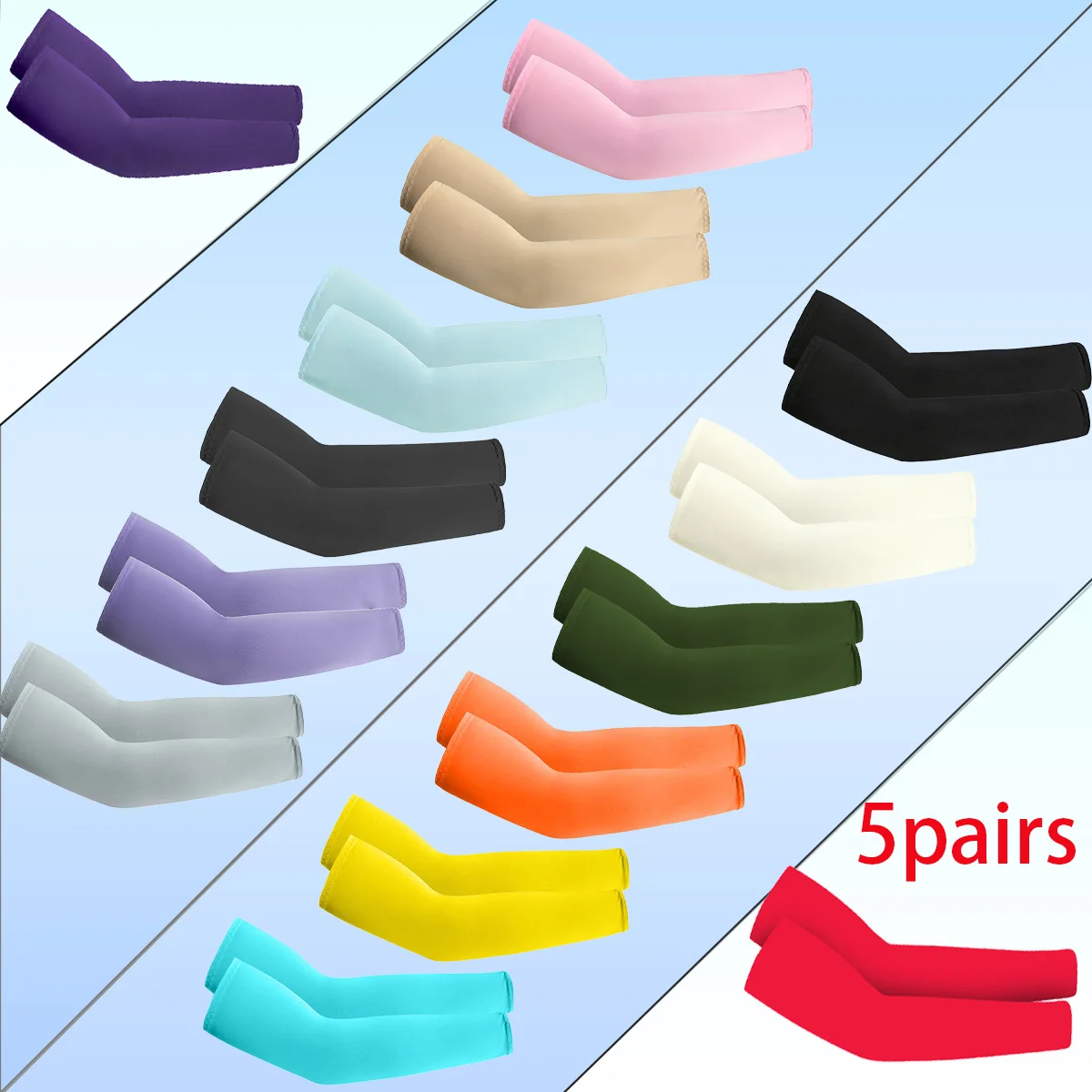 5 par krótkich ochraniaczy na ramiona z lodowego jedwabiu |     Oddychające i lekkie rękawy lodowe dla obu płci |     Rękawy sportowe outdoorowe w czystym kolorze, 8% spandex