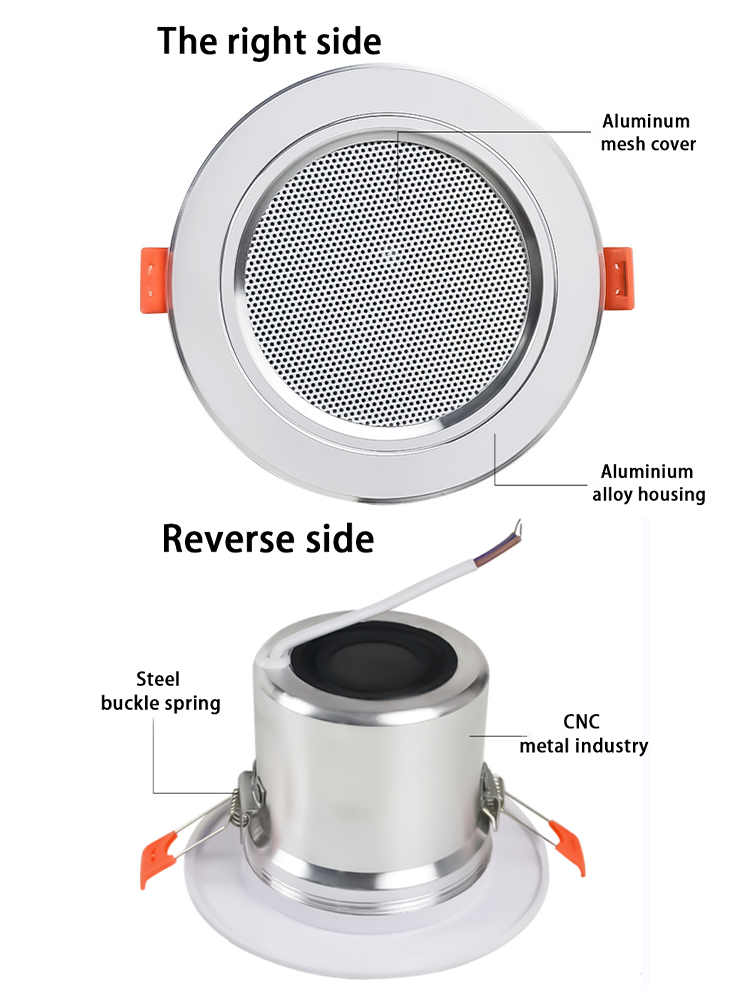 ลำโพงพื้นหลังติดเพดานขนาด3นิ้ว10W ระบบเสียงดนตรีสำหรับห้องน้ำกันความชื้นอลูมิเนียมแฟชั่นคุณภาพเสียงดี