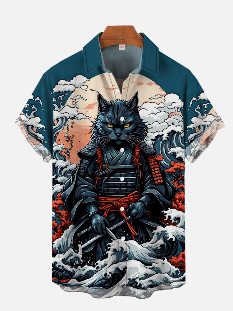 Herrenhemd, Drachen-Druck, lässig, täglich, Oberteile, 3D-Druck, kurzärmeliges Hemd, Sommermode, Unisex, hawaiianische Samurai-Katzenhemden