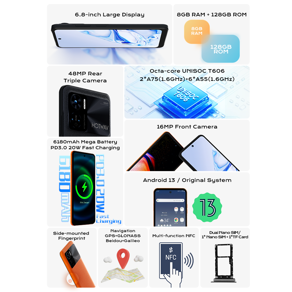 HOTWAV Note 12 Smartphone 6,8 ''HD + Android 13 8GB + 128GB Octa-Core teléfono móvil 48MP NFC 6180mAh PD3.0 20W carga teléfono móvil