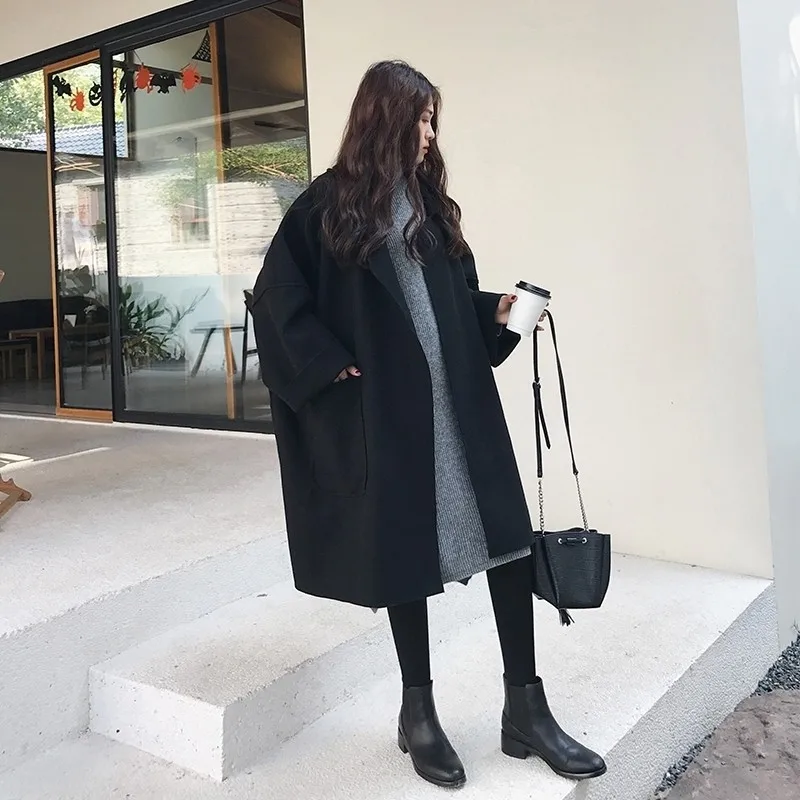 Elegant Woolen Trench Coat ฤดูหนาวผู้หญิง Vintage Windbreakers แจ็คเก็ตกลางความยาวหลวม Turn-Down Collar Plus ขนาด 4XL เสื้อสเวตเตอร์ถัก