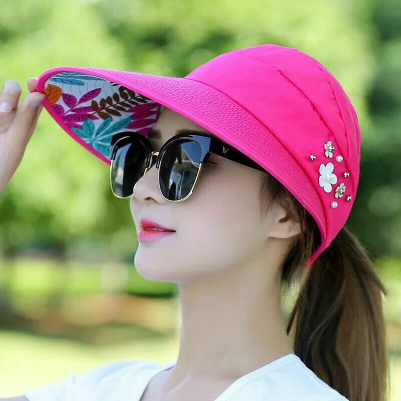 Chapéu de sol dobrável de aba larga de verão feminino anti-UV praia viseira bonés chapéus