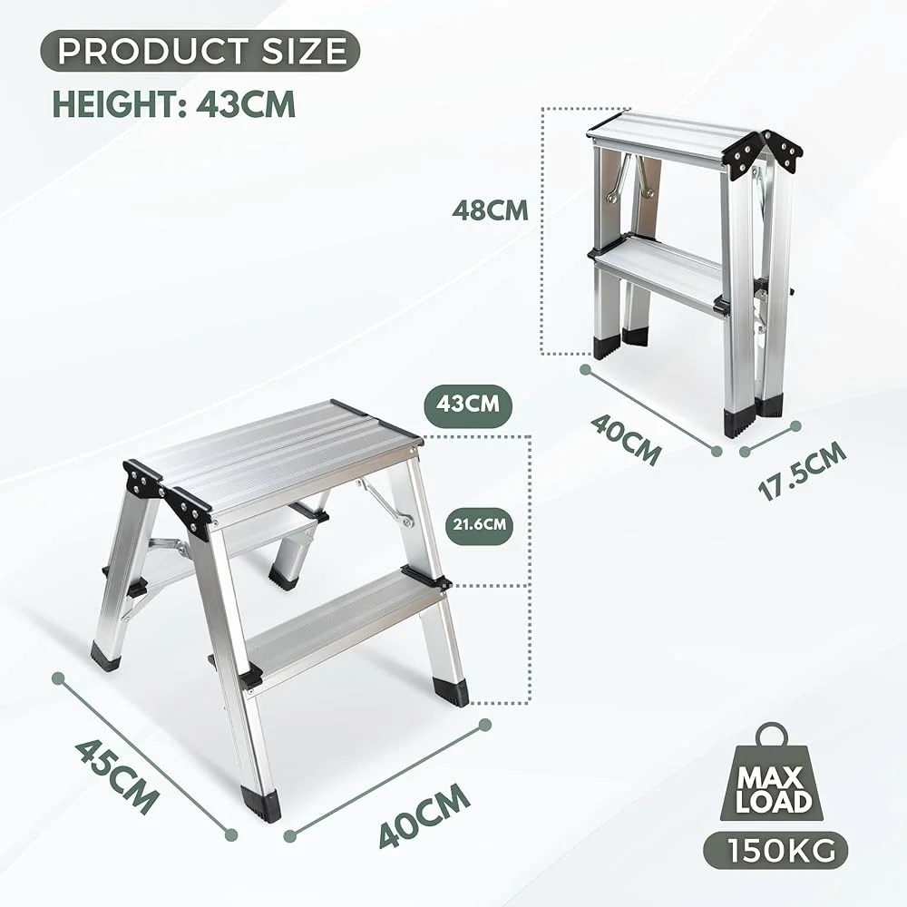 Lightweight Aluminum 2 Step Stool Folding Ladder Compact Portable Step Ladder Home Kitchen Utility Outdoor Use