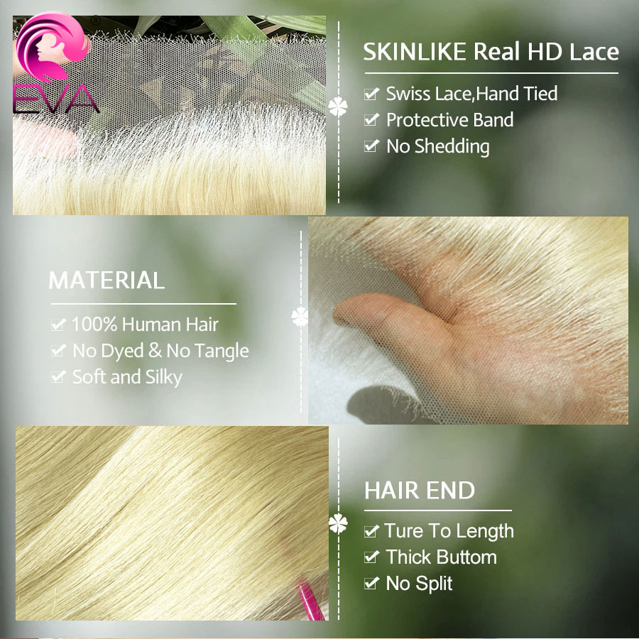 EVA ผม #613สีบลอนด์13X6/13X4 HD ลูกไม้ด้านหน้าสำหรับผู้หญิงเท่านั้นก่อนดึงขนาดเล็กผูกปม5x5 HD ปิดลูกไม้ละลายสกินสำหรับเส้นผมมนุษย์