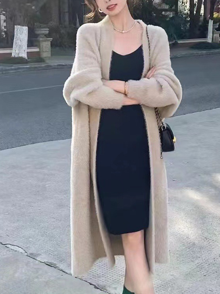 Otoño/Invierno estilo perezoso cálido hasta la rodilla cárdigan grueso para mujer suéter de punto de lana de visón de imitación pura abrigo cálido para mujer