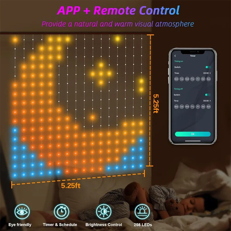 2*2M Smart Curtain Light 400 LED Luce natalizia che cambia colore Fata String Lights con APP e telecomando Decorazione dinamica di Halloween