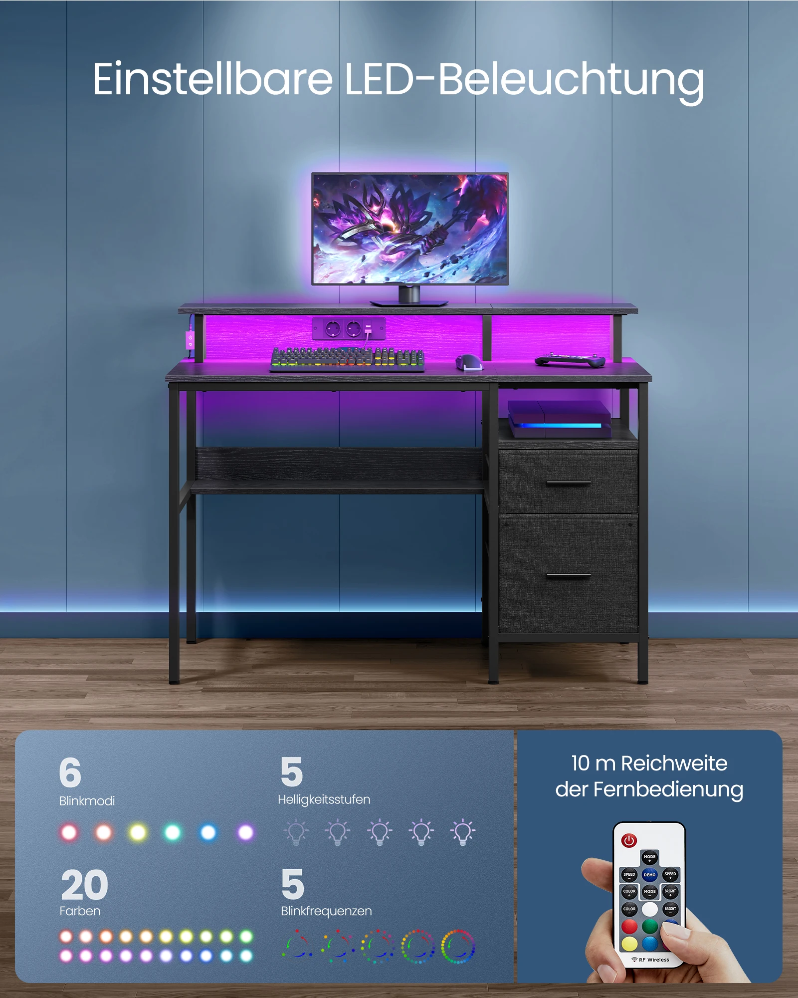 VASAGLE bureau met lades, computertafel met monitorstandaard, LED-verlichting, 55x120x90 cm, inbouw stopcontacten